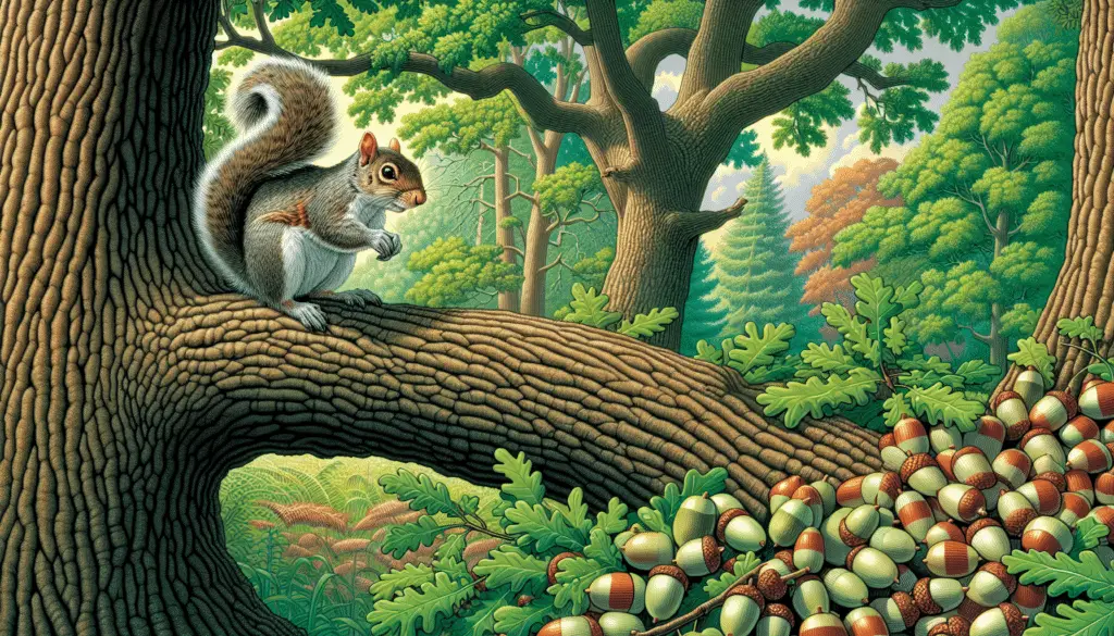 Illustrate a verdant forest environment where an Eastern Gray Squirrel is perched on the branch of a robust oak tree. The squirrel is discernible by its characteristic gray fur, bushy tail, and bright, curious eyes. The tree should be strikingly detailed with thick bark and lush green leaves, suggesting a mature, vibrant ecosystem. Acorns are scattered on the ground beneath the tree, indicating the squirrel's foraging activities. The backdrop is filled with varying shades of green, signaling the diversity of flora in the habitat. Please ensure no human presence, text, or branding in the image.