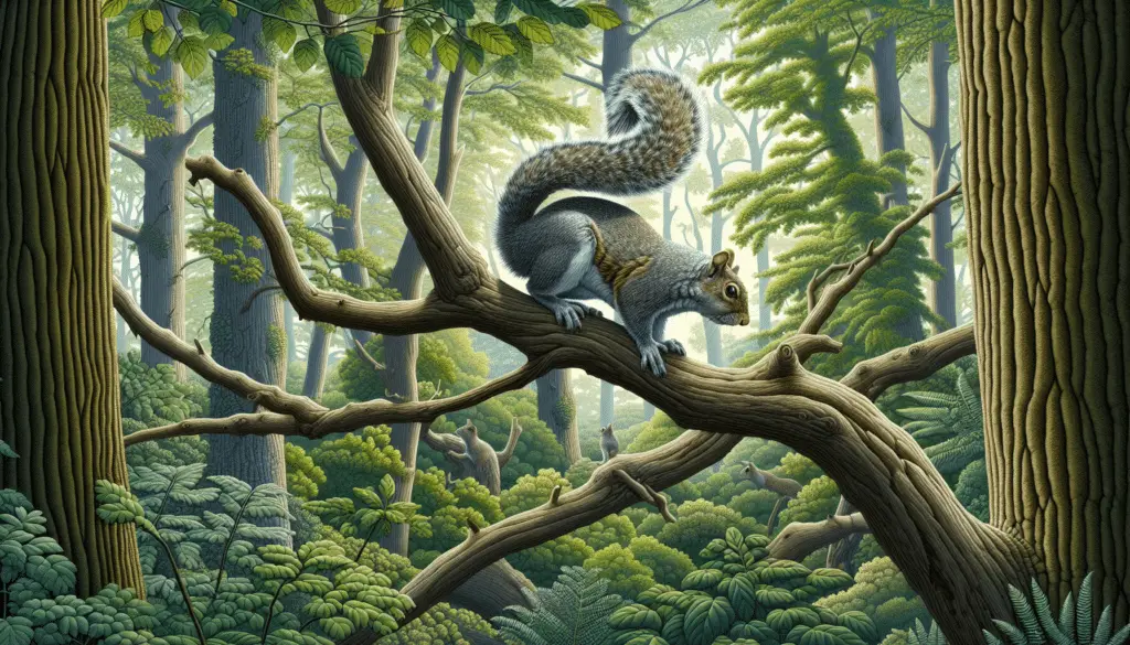Visualize a detailed natural environment comprising dense woodland with various species of trees, rich in foliage. A Western Gray Squirrel (Sciurus griseus), known for its gray coat and bushy tail, is the primary focus. It can be seen gracefully navigating the sturdy branches, its fluffy tail balancing its movements. There are no humans or text present within the image. Make sure there are no brands or logos used in the depiction. The image is calm, peaceful, and provides an insight into the natural habitat of this squirrel species.