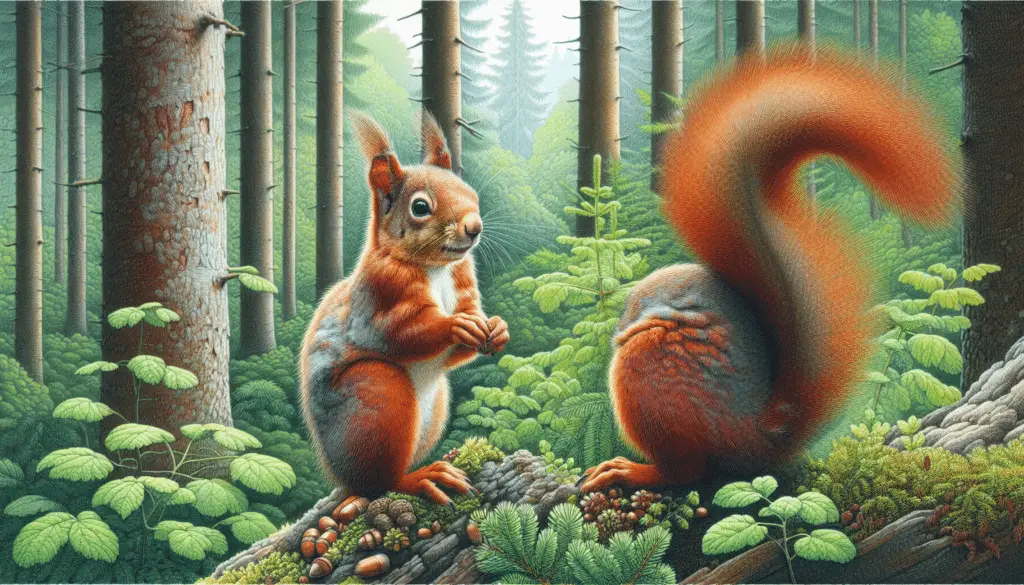A detailed, vivid representation of a Eurasian Red Squirrel, scientifically known as 'Sciurus vulgaris'. This enchanting woodland creature is situated in its natural habitat, perhaps a dense, verdant forest which is abound with tall, ancient trees and a lush understory. The squirrel itself is showcased, in full color, with its distinctive soft, red fur and large, bushy tail. Possibly, it's engaged in typical squirrel activities — maybe foraging for acorns or sitting up on its haunches. The image contains no human figures, text, or branding of any sort.