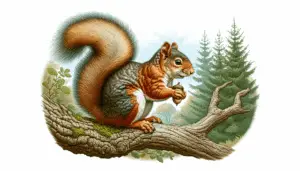 Illustration of a Fox Squirrel, also known as Sciurus niger. The squirrel is seated on a rugged tree branch, with its bushy tail curled upwards. The fur is dense and variegated, with hues of burnt umber, russet, and cream. Its ears are sharp and expressive, and it's holding an unbranded acorn in its small paws. The background features a sylvan scene with dense, leafy trees devoid of human presence. Ensure no brand logos or text appear within the image.