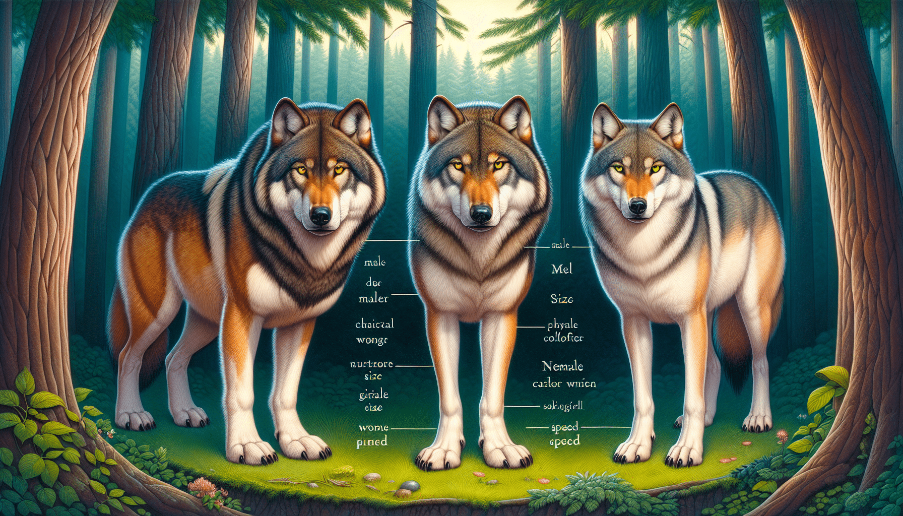 A detailed visualization of a comparison between male and female wolves. Picture the scene in a verdant forest clearing. On one side, a muscular adult male wolf, fur a rich mix of grays and browns, showcasing the physical strength and larger size unique to his gender. His vivid yellow eyes convey his sharpness and wisdom. On the other side of the clearing, an elegant female wolf. She is sleek and slightly smaller, her fur a softer blend of gray and white. Her nurturing nature and speed are evident in her poised stance. The sizes, fur color patterns, and body language illustrate the differences between male and female wolves.