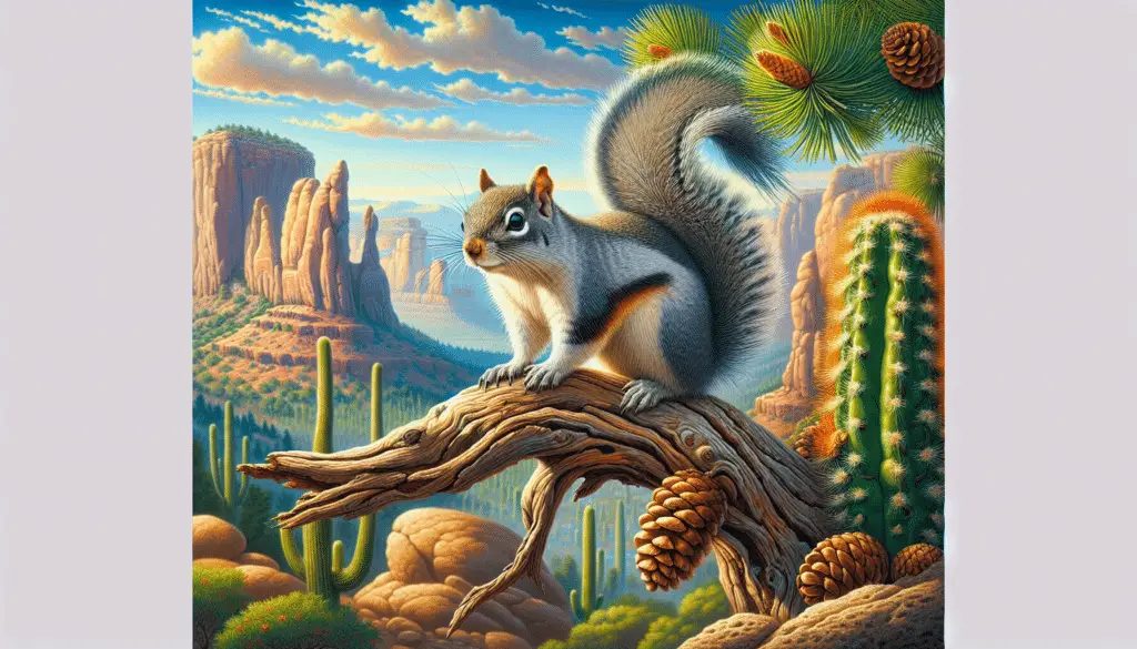 An artistic depiction of an Arizona Gray Squirrel (Sciurus arizonensis) in its natural habitat. The squirrel is perched on a gnarled pine branch with pine cones nearby. The setting is a picturesque Arizona wilderness scene, with breathtaking rock formations in the distance, and a vibrant cactus plant providing a colorful contrast in the foreground. There's a brilliant blue sky in the background, reflecting the warmth of the Arizonian climate. The squirrel’s long, bushy tail is draped over the branch and its eyes are bright and alert, showcasing its curiosity with the environment. Remember, there should be no sort of text or brand logos in the image.