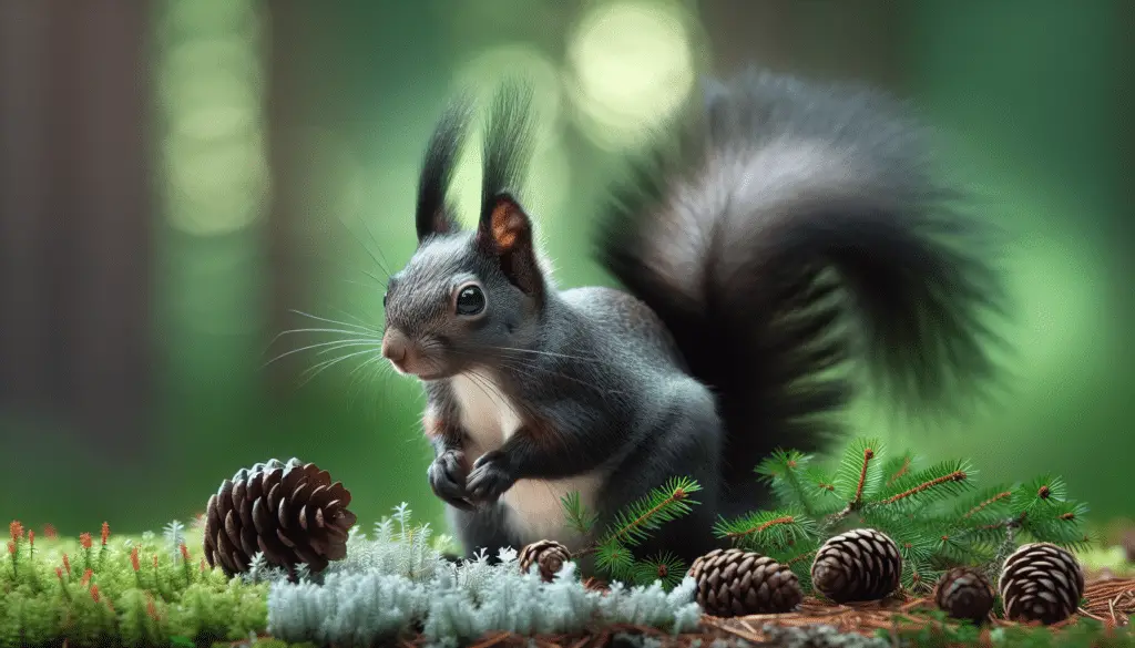 An image showcasing the beauty of the Abert's Squirrel (Sciurus aberti). The squirrel should be in its natural habitat, perhaps a dense conifer forest. The squirrel is known for its tassled ears, so make sure these are prominent. The body coloration varies, but for this image, let it be dark gray to black, with white underpart. The squirrel could be captured in a pose where it is foraging for pine cones, which is a staple diet for it. Ensure no people, text, or brand names are included, keeping the focus solely on the squirrel and its environment.