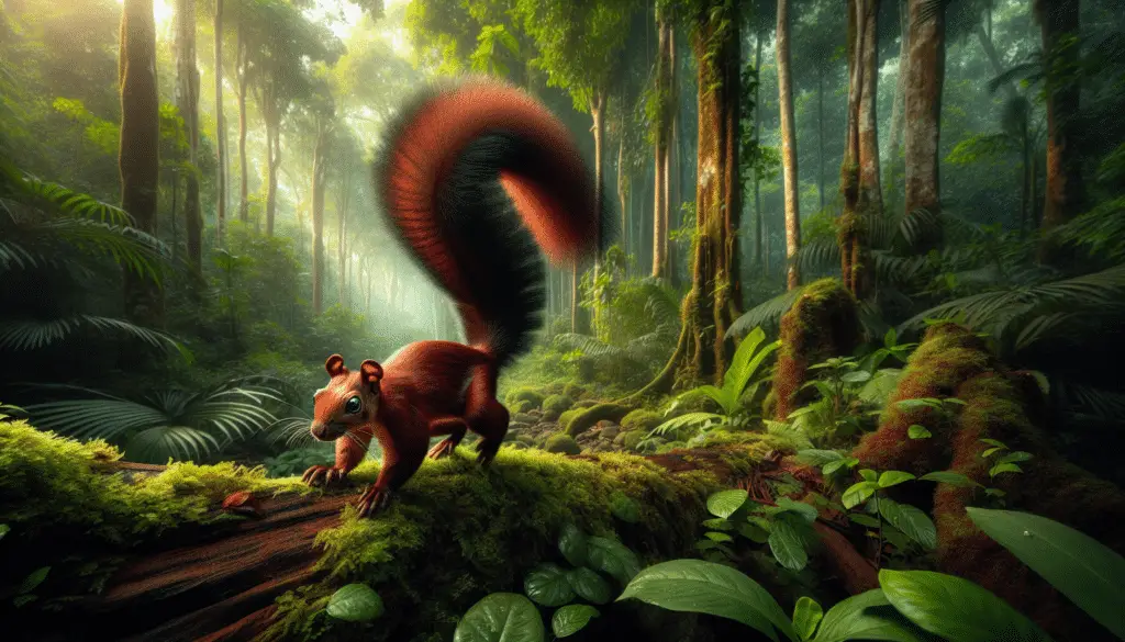 In the heart of an Indian rain forest, with plentiful foliage in lush shades of green, a Malabar Giant Squirrel darts through the scenery. It's known scientifically as 'Ratufa indica'. Its fur consists of contrasting shades: deep brown covering most of its body turning into crimson towards the end of long bushy tail. Its notable large eyes, used for its acrobatic lifestyle, glistening under the canopy of the forest. The forest teems with the symphony of other unnamed forest inhabitants. No human presence, no brand logos, and no text to be seen anywhere.
