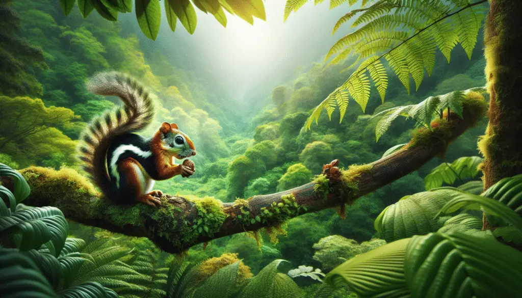 Visualize a pristine wilderness scene, where a Prevost's Squirrel, scientifically known as Callosciurus Prevostii is perched on an sturdy branch, surrounded by the lush green foliage of its natural habitat. The squirrel's distinctive coat with its tricolor pattern of black, white, and chestnut brown stands out vividly against the surrounding greenery. The squirrel is captured in mid-action, artfully gnawing at the nutshell of an exotic fruit found in its region. There aren't any human figures, text, brand names, or logos in this serene snapshot of life in the wild.