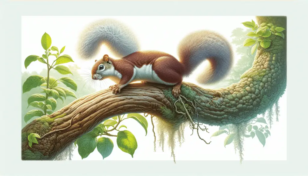 A detailed and lifelike illustration of a Finlayson's Squirrel, scientifically known as Callosciurus finlaysonii. The squirrel is captured in its natural habitat, perhaps perched on an intricately textured tree branch, its long, fluffy tail curled elegantly around its body. It gives off a sense of alertness and vitality, reflecting its nature in the wild. Sunlight filters through the lush foliage above, casting dappled shadows on the squirrel and highlighting its vibrant fur. This image is free from any text, brand names, logos, and human figures.