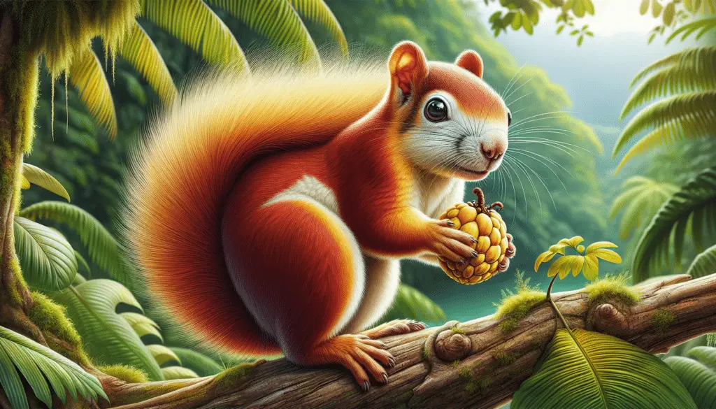 A detailed and vibrant image of a Plantain Squirrel (Callosciurus notatus). The squirrel is standing on a branch of a large tropical tree, holding a ripe yellow fruit in its paws. The squirrel's body is a rich reddish-brown color, and its underparts are cream colored. The eyes are expressive, lively, and full of intelligence. The long bushy tail adds an impressive aspect to the overall appearance of the squirrel. The image is set against the backdrop of a lush green rainforest. Any signs, items, or artifacts with text or logos are absent.