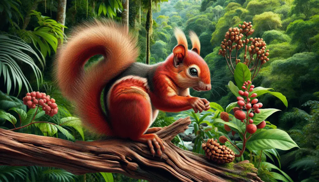 A detailed and naturalistic image of a Bolivian Squirrel (also known as Sciurus ignitus). The squirrel is showcased in a lush, South American rainforest, with its distinguishing characteristics prominently displayed. The squirrel has a reddish pelage, bushy tail, and tufted ears. It is perched on a branch nibbling on some indigenous fruit. The background is densely filled with vibrant, tropical vegetation, providing an appropriate habitat context. There are no humans, text, logos, or brand names included in the picture.