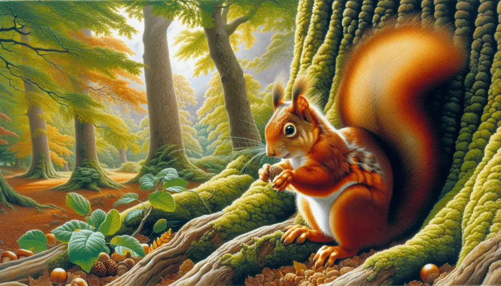 A vividly detailed depiction of an Ingram's Squirrel, otherwise known as Sciurus ingrami, in its natural environment. The squirrel should exude the air of a mature being, with a thick, bushy tail and warm, earthy hues of brown on its fur, offset by a lighter underside. The creature should be caught in the act of foraging, perhaps with an acorn or nut held delicately in its forepaws. Its habitat should be a vibrant woodland with towering trees, leaf-strewn ground, and dappled sunlight filtering in through the leafy canopy. The scene should be free from any human touch- no people, no text, and no brand logos.