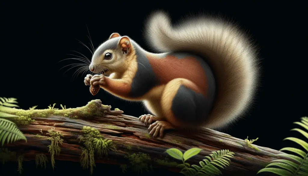 An accurate depiction of the Bang's Mountain Squirrel, also known as Syntheosciurus brochus. The squirrel is in a natural habitat, possibly a rainforest given its distribution. It's poised on a tree branch, nibbling on a nut. The fur of the squirrel is dense and appears soft, with colors that blend elegantly into the surrounding foliage. The broad tail is curved above its back, providing balance. Notably absent is any text, brand names, logos, or human presence. The focus is purely on the squirrel in its environment.