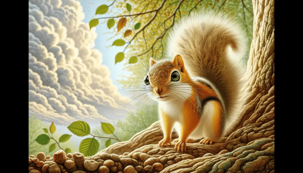 A detailed image of a Persian Squirrel (Sciurus anomalus) in its natural habitat. The squirrel should demonstrate its distinct features such as bushy tail, pointy ears, and sharp claws clearly. It is found in an environment that showcases lush green trees with brown bark and a sky filled with soft, fluffy white clouds. Ensure that no human figures, text, or brand names are visible in the scene. The focus of the image should be solely on the squirrel and its environment.