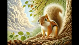 A detailed image of a Persian Squirrel (Sciurus anomalus) in its natural habitat. The squirrel should demonstrate its distinct features such as bushy tail, pointy ears, and sharp claws clearly. It is found in an environment that showcases lush green trees with brown bark and a sky filled with soft, fluffy white clouds. Ensure that no human figures, text, or brand names are visible in the scene. The focus of the image should be solely on the squirrel and its environment.