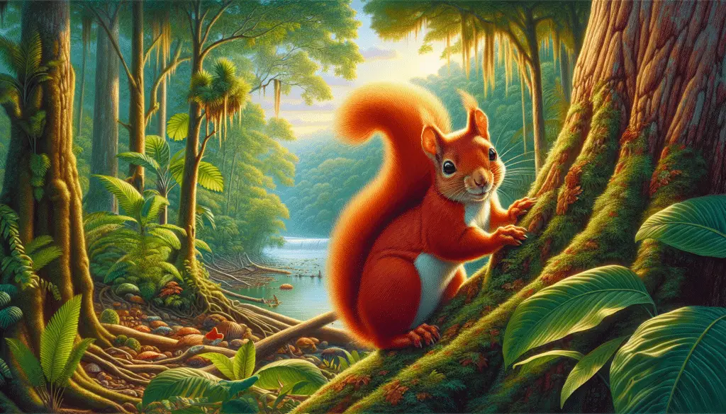 A meticulous depiction of the Northern Amazon Red Squirrel (Sciurus igniventris) in its natural habitat. The squirrel is vividly red with a robust fluffy tail, almond-shaped eyes spark with curiosity, and tiny claws grip the bark of a towering rainforest tree. Surrounding the squirrel, the dense Amazon rainforest comes alive with lush greenery, tropical plants, and an array of exotic wildlife hidden in the background. A river lazily winds its way through the forest, reflecting the peaceful and untouched nature of this setting. The atmosphere is serene with soft dappled sunlight filtering through the canopy above.