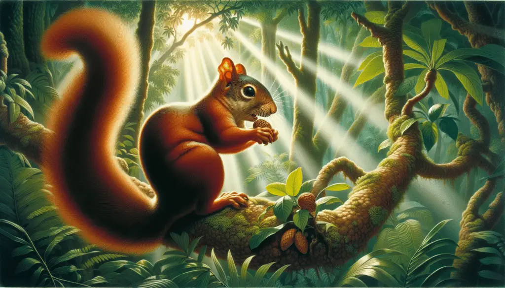A detailed portrayal of the Yucatan Squirrel (Scientific name: Sciurus yucatanensis), a small mammal native to the Yucatán Peninsula. The squirrel is on a branch of a tropical tree, surrounded by lush green foliage. The squirrel is depicted as mid-sized with a bushy tail, strong hind legs, and a pair of sharp, alert eyes. It's feeding on a nut it holds in its tiny paws. Rays of sunlight filter through the dense canopy above, highlighting the creature's reddish-brown fur. The background of the image fades into a dense, tropical rainforest, giving an impression of the squirrel's natural habitat.