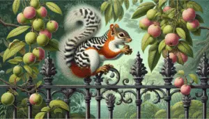 An illustration of a Variegated Squirrel (Sciurus variegatoides), a species native to Central America, beautifully rendered in a naturalistic style reminiscent of a scientific journal. This omnivorous squirrel shows its characteristic fur patterns, featuring streaks of multiple colors. The squirrel can be seen in a typical pose, nibbling on nuts while perched atop an antique wrought-iron fence. Surrounding the squirrel is its natural habitat - lush, verdant vegetation of the subtropical forests, including various flowering plants, and ripe fruits drooping from trees. No people, brand names, logos, or textual elements are present in the scene.