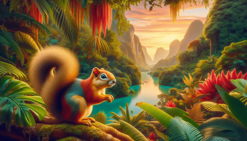 Generate a lifelike image of a Guayaquil Squirrel (Sciurus stramineus), a species of South American squirrel popular for its vibrantly colored fur. The squirrel should be showcased in the middle of the image, spotted amid the lush foliage of a tropical forest. In the background, showcase a vibrant landscape of exotic flora, all bathed in the soft golden light of dusk adding a stunning warm hue to the entire scene. No brand names, logos or any forms of text should be visible anywhere in this image.