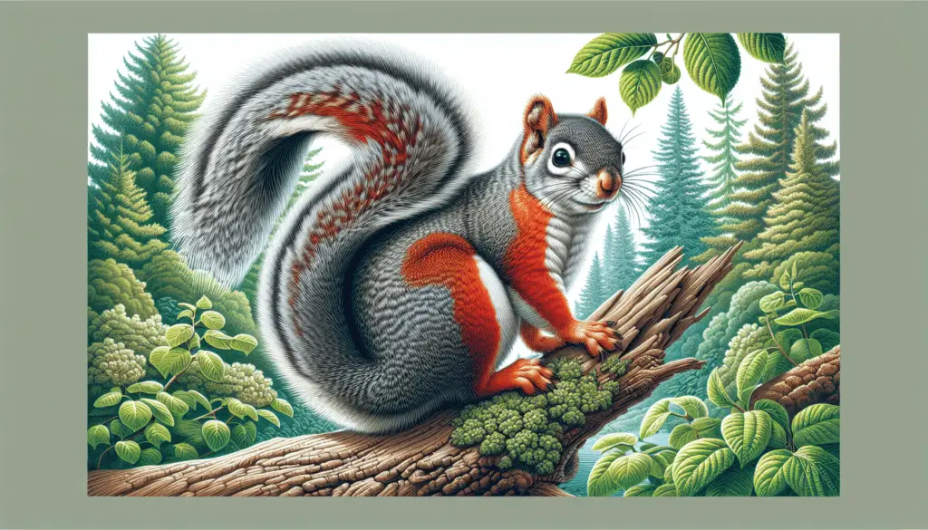 A detailed illustration of a Red-bellied Squirrel, scientifically known as Sciurus aureogaster. The squirrel is poised in a natural setting, perched on a branch, surrounded by lush foliage and trees. It is displaying its notable red belly, with the rest of the fur in contrasting tones of grey. The squirrel's eyes are alert and bright, its small ears perked up, and bushy tail fluffed out in a striking display. The scenery is serene and tranquil, without any human presence, brand names, logos or text. The overall composition being bright, vivid, and rich in detail, highlighting the squirrel's unique features and natural habitat.