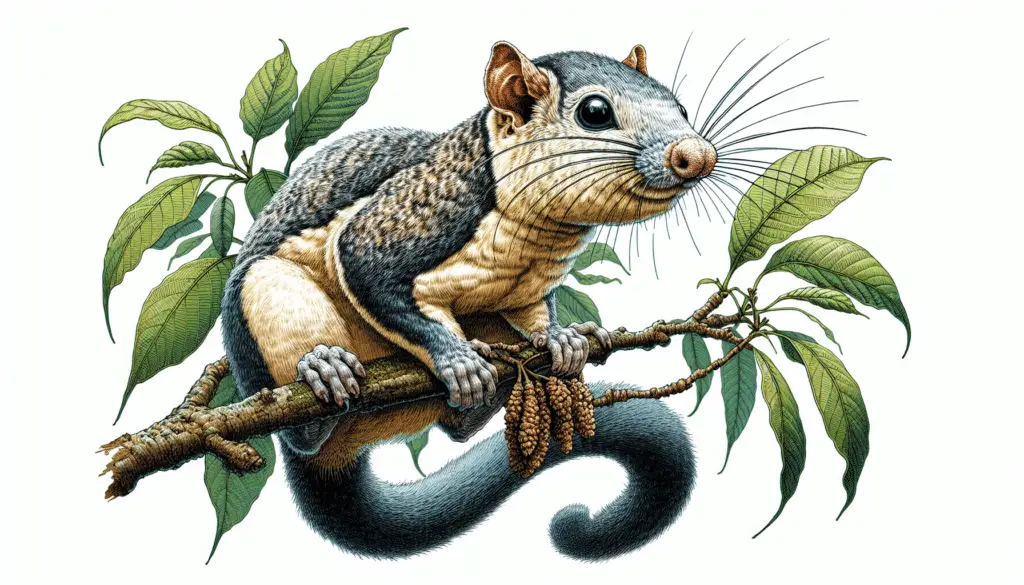 Illustrate a detailed and vivid image of Dremomys pernyi, otherwise known as the long-nosed squirrel. Abide by their natural habitat, which is usually dense forests, so picture this squirrel perched on a leafy branch, its distinctive elongated snout visible. Ensure the picture is filled with captivating wildlife details but contains no human presence, text, brand names, or logos. The squirrel should ideally be gnawing on a nut highlighting its daily activities, and the picture should depict daytime under a clear sky.