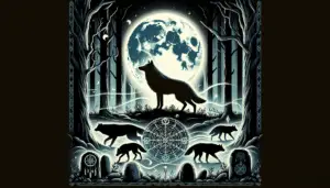 An illustration capturing the essence of Myths About Wolves without including any human figures, text, or brand logos. The scene might feature a mysterious forest under the moonlight with a spectral wolf silhouetted against the light of the full moon. Surrounding the wolf may be symbols associated with mythology such as ancient artefacts, rune stones or dreamcatchers, while other wolves prowling in the shadowy underbrush echo the sense of the unknown often associated with wolves in mythology.