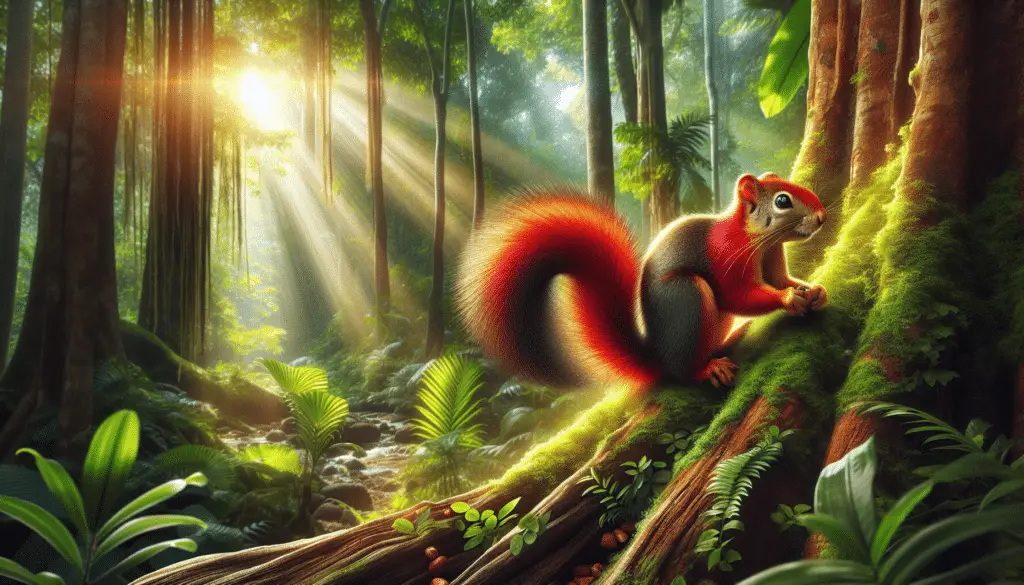 Visualize a radiant squirrel characterized by its rich, red-colored legs known as the Red-legged Sun Squirrel. This squirrel belongs to the genus 'Heliosciurus' which suggests its affinity for sunlight. The scene takes place in a lush, tropical forest, filled with vibrant greenery. The squirrel is perched on a thick tree trunk, its bushy tail elegantly arched. Sunlight filters through the dense foliage, casting dappled shadows on the forest floor. Its eyes are alert, and it clutches a small nut in its nimble paws. Overall, the image emphasizes the squirrels' markings and habitat, without any human presence, text, or brand logos.