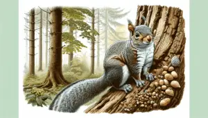 An original, non-branded illustration of a Gray-bellied Squirrel (Callosciurus caniceps). The squirrel should be the primary focus of the image, standing or climbing a bark. It should have a distinct gray belly and fur that showcases its unique features. The background should be showcasing a typical habitat of this species, like tall trees with dense foliage whithout people, text or brand names. Include some of the squirrel's favorite food, like nuts or seeds, scattered around to add a layer of naturalism.