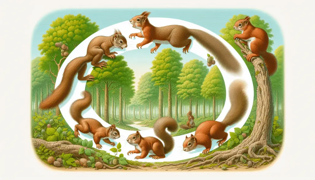 Depict a detailed illustration of the lifecycle of a squirrel. It should start from a newborn baby squirrel, followed by a juvenile, then an adult, and finally an old squirrel. The environment should be a lush, green forest, rich in tall trees and vegetation. They should all be engaged in typical squirrel behavior such as foraging for food, climbing trees, or resting. Ensure there are no human elements, brand names, or logos within the image. Additionally, the image should not contain any text.