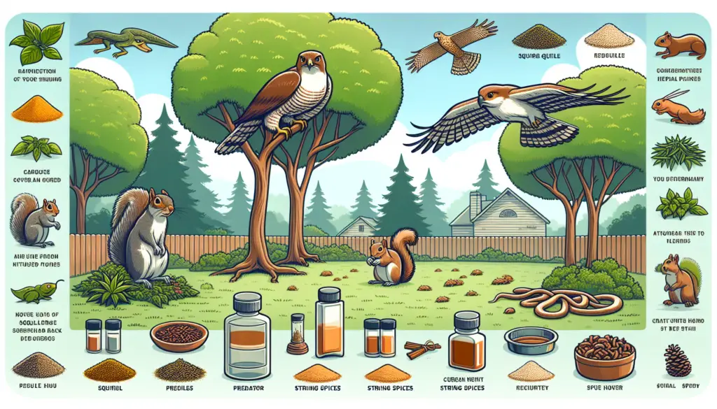 Create a well-illustrated scene to represent the concept of deterring squirrels without using any text. The scene should include natural squirrel deterrents such as predator figures, like a hawk or a snake, certain strong spices strewn around, or specific types of plants that are known to repel squirrels. Include these deterrents spread out in a backyard setting with trees and maybe a bird feeder or two. Show a couple of squirrels at a distance, looking warily at the deterrents.
