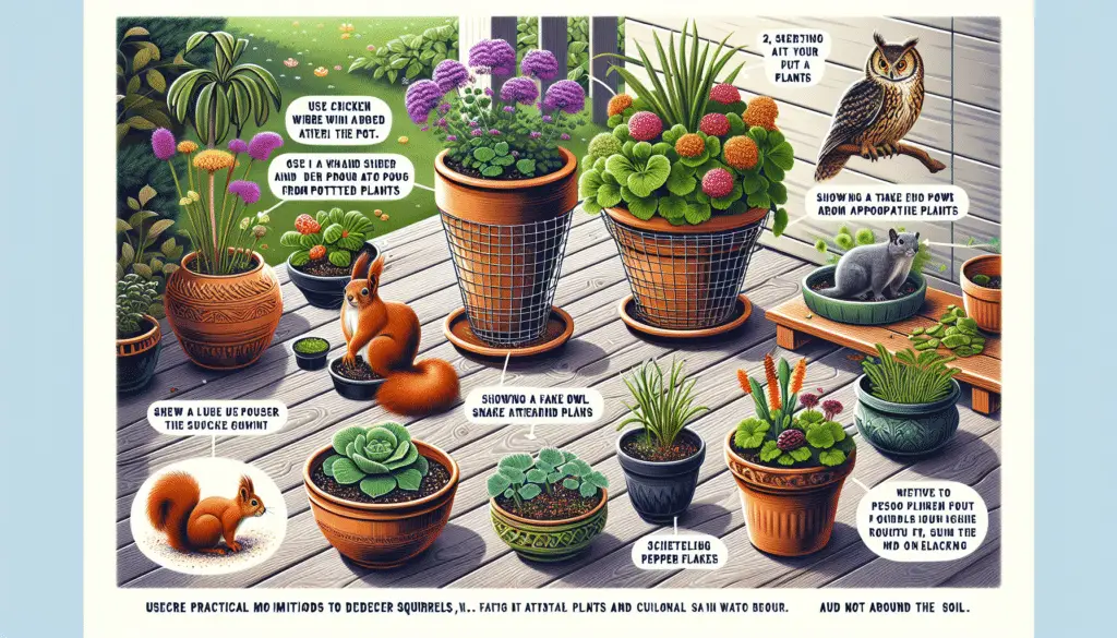 An outdoor scene showcasing various practical methods to deter squirrels from approaching potted plants. Showcase techniques such as using chicken wire around the pot, showing a fake owl or snake nearby, and scattering pepper flakes around the soil. The potted plants should include an array of decorative and culinary plants, vibrant and flourishing devoid of squirrel damage, and placed on an aesthetic wooden porch. Contrasting this, a couple of squirrels are visible at a respectful distance, eyeing the plants but not attacking. Ensure clear, daytime lighting, underline nature's beauty enhancing the tranquility of the scene.