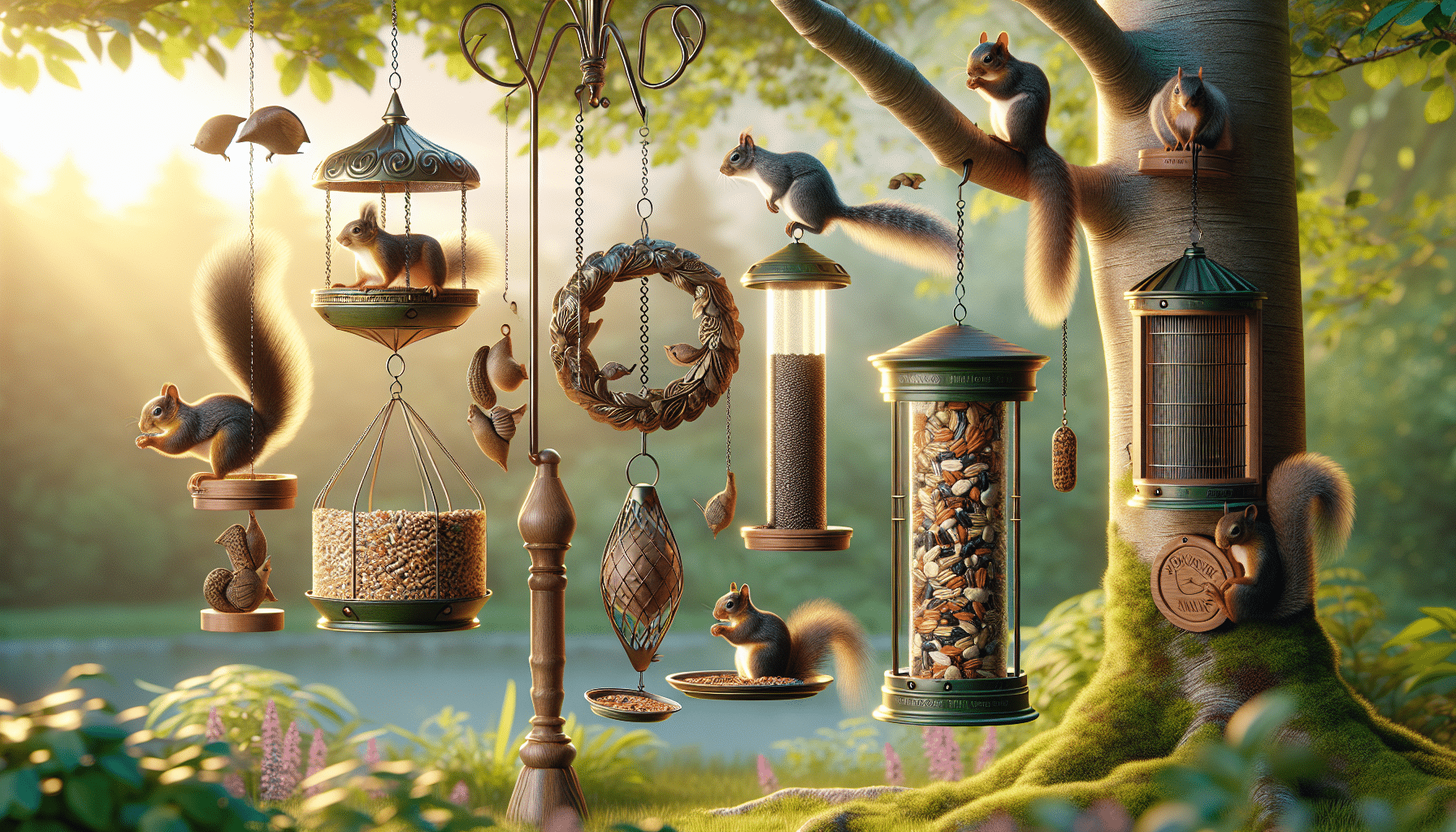 A serene garden scene showing a variety of bird feeders hanging from tree branches, tastefully designed with intricate details to allure birds but dissuade squirrels. The feeders hold an assortment of seeds that appeal to different bird species. Nearby, squirrels are depicted engaging with different squirrel-proof implementations, such as onto a slippery pole that they're having difficulty climbing, and a baffler blocking them from reaching the feeder. All items are devoid of text and brand names. Everything is bathed in the warm light of a setting sun, adding a tranquil ambiance to the scene.