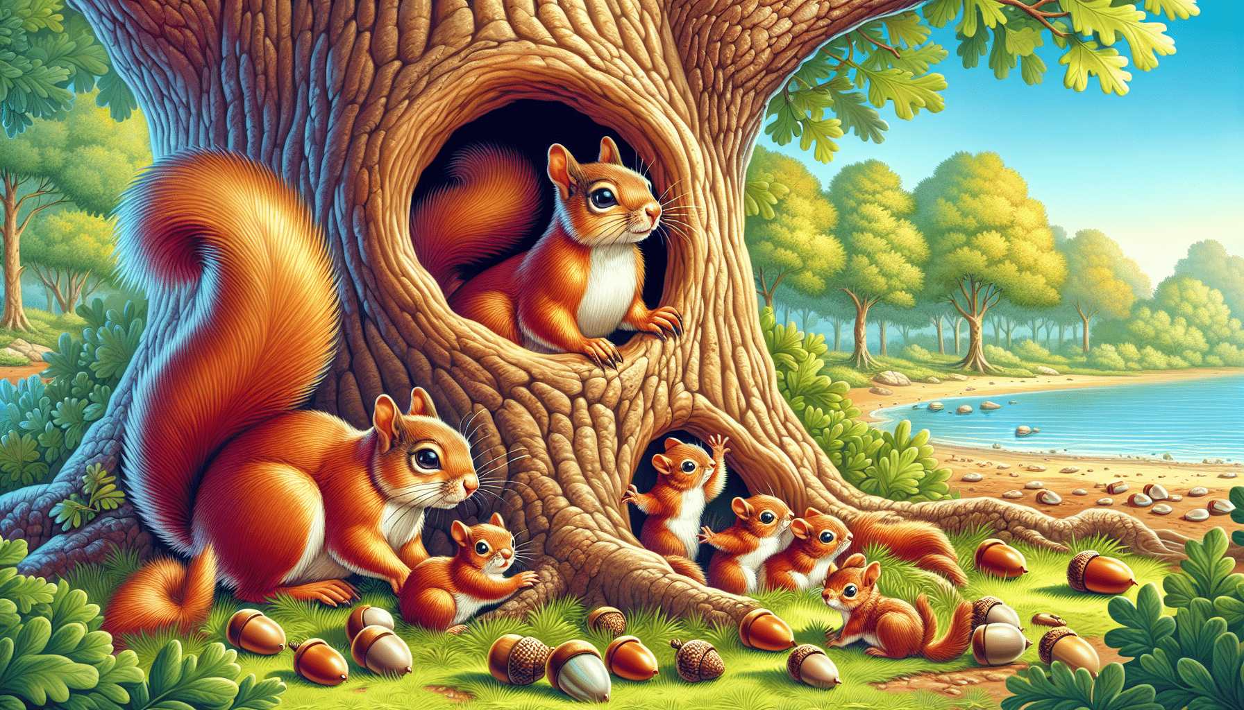 An illustration of a vibrant natural scene showcasing a squirrel family living in a tree hollow. The mother squirrel, showcasing clear maternal attributes, is watching over an undisclosed number of baby squirrels who are playing around and inside the hollow. On the ground beneath the tree are scattered acorns, signifying their food source. The scene is set in daylight with a clear blue sky in the background.