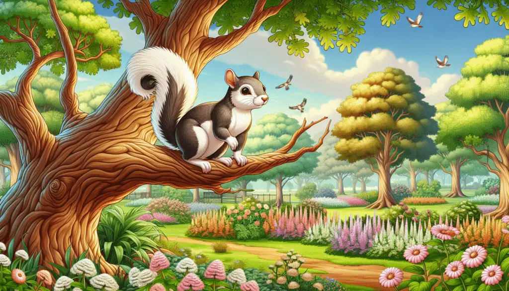 Create a detailed scenery in a luscious park, which is full of blooming flowers, tall and sturdy trees, and a clear blue sky overhead. There are numerous animals, such as birds and rabbits, but the primary focus is on a unique squirrel. This squirrel is perched on the branch of an old oak tree. Its tail is noticeably flicking in a rhythmic pattern, catching attention. The squirrel's behavior appears curious and engaging, and its adorable structure adds to the intrigue. There are no humans, brand names, logos or textual elements present in the scenery.