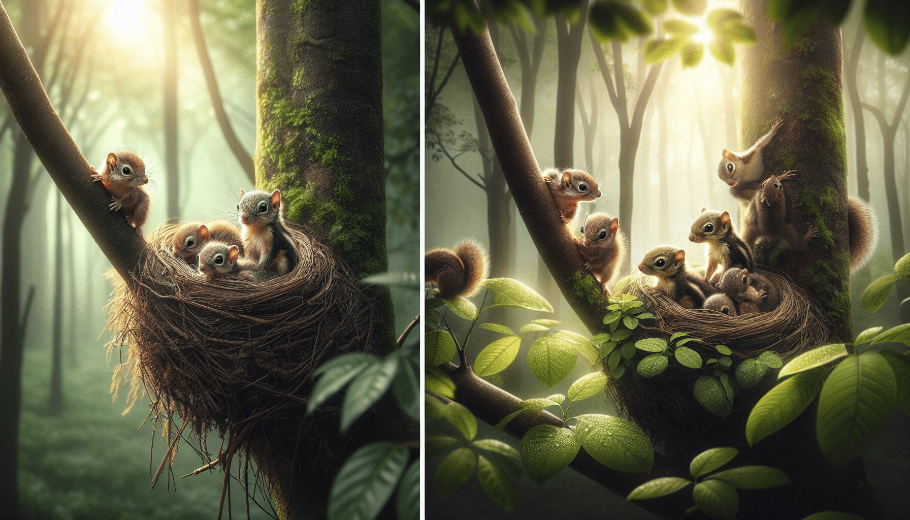 Portray the serene image of a verdant forest with a squirrel's nest snugly built in a tree branch. Highlight two scenes side by side. On the left scene, depict a few baby squirrels within the nest, appearing curious and playful. In the right scene, show the same baby squirrels but grown older, venturing off the nest and exploring the tree it's on. In both scenes, give a soothing, early-morning ambience with dew-kissed leaves and nuanced lighting. Maintain the focus on the squirrels and their natural surroundings, devoid of human presence or any brand logos.