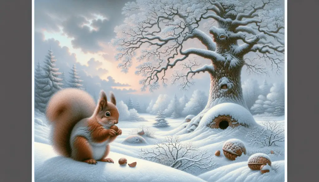 An idyllic winter landscape painted in soothing hues of white and soft grey. In the foreground, a fluffy squirrel, in a deep shade of brown and with curiosity in its eyes, is seen busily preparing for the winter. It nuzzles a nut with its tiny paws and nibbles on it, its cheeks full. Nearby, a burrow in a towering snow-covered oak tree is visible. The rest of the scenery is defined by silent snowfall, covering the ground and the branches of the trees, untouched. Far in the horizon, the dim winter sun begins to set, casting beautiful pastel shades in the chilly sky.