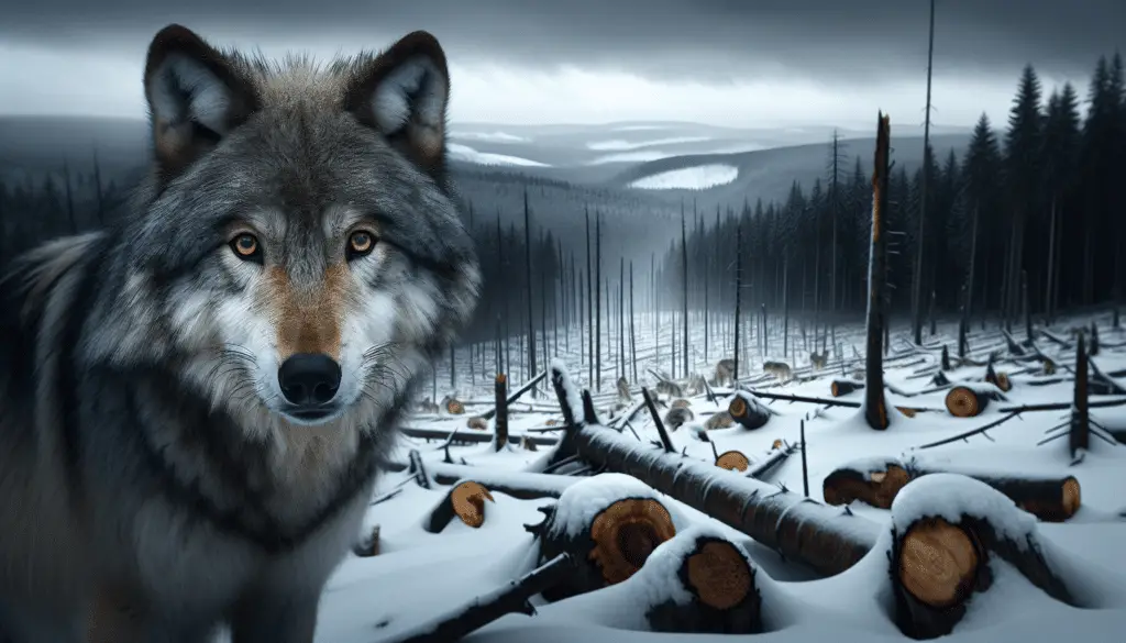 A captivating image depicting the harsh reality of wolf conservation challenges. This powerful scene features a snow-ridden landscape under the overcast sky, occupied by a hushed group of grey wolves, indicating their endangered status. Their wary, yet resilient, countenance tells a silent tale of their struggle for survival. In the background, subtle symbols of deforestation evidence the environmental issues they face, showcasing the challenges to their natural habitat, with fallen trees and clearings within the dense forest. Please note, the image is free from any form of human intervention, brand logos or text.