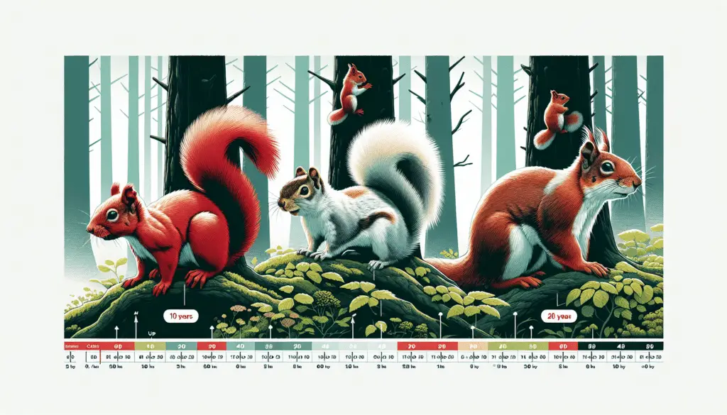 A visual representation of the lifespan of various squirrel species. The image should depict three different squirrel species: a red squirrel, a grey squirrel, and an eastern chipmunk. Each animal is shown in its natural habitat, with age-related markings to denote their lifespan. The red squirrel, living in a coniferous forest, should show a lifespan of up to 10 years. The grey squirrel, situated in a deciduous forest, should depict a lifespan of up to 20 years. The Eastern chipmunk, shown in a woodland undergrowth, should reflect a lifespan of up to 8 years. Remember, no text, no people, and no brands should be included in the image.