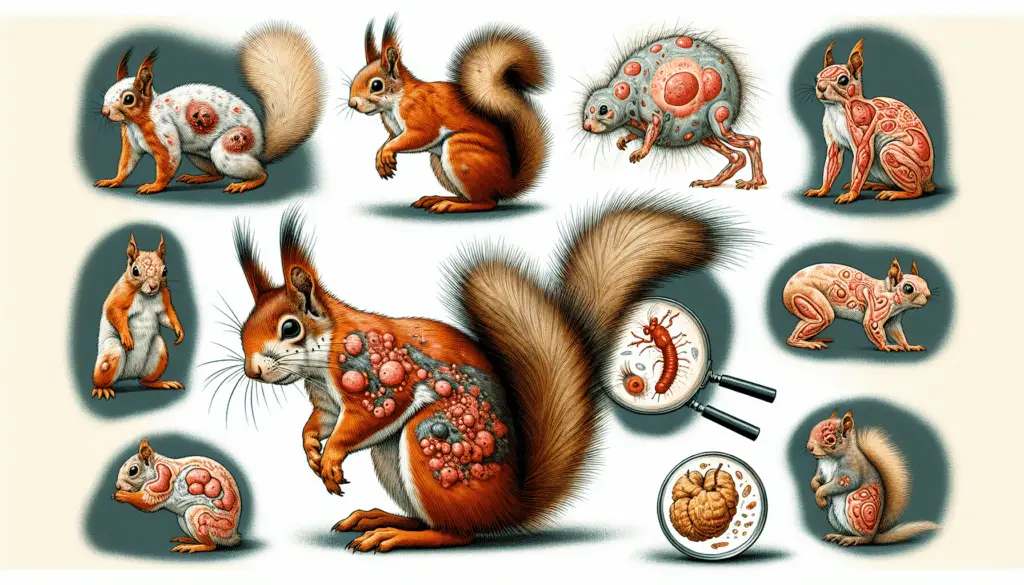 A detailed and colorful illustration showing different squirrels displaying a variety of physical symptoms typically associated with common diseases found in their species. On one side, a healthy squirrel can be observed for comparison. Different aspects like loss of fur, lethargy, or unusual growths are depicted on the affected squirrels. Also, include a faint outline of a magnifying glass to symbolize identification of these diseases. There are no people, text, or brand logos in this illustration.