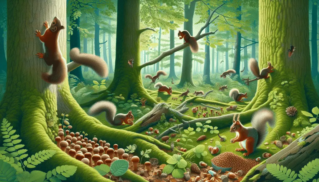 A lush green forest scene illustrating the importance of squirrels to ecosystems. In the heart of the woodland, multiple squirrels can be seen performing various environmental activities. A squirrel on the left side half-buried in the fallen leaves, foraging for acorns, another squirrel is seen on the branch of a tree, flicking its bushy tail, possibly having just cached a nut for the winter. Yet another squirrel can be seen on the ground, dispersing seeds, showing that squirrels play a crucial role in forest regeneration. The whole scenario is without human interference, brand names or logos.