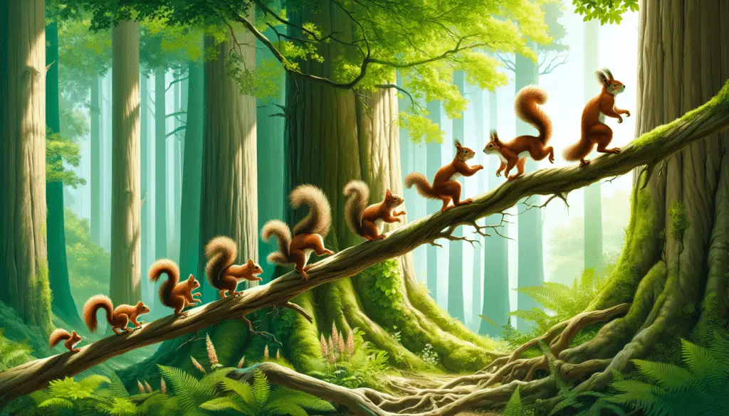 Illustrate the evolutionary journey of squirrels. Start from their origins, with primordial small rodent-like creatures in a dense prehistoric forest. During the middle part of the image, portray a period of evolution showcasing larger squirrels with sharper claws and bushier tails, adjusting to their canopy lifestyle in a lush green forest. The final part of the image should show modern-day squirrels, smaller but agile, with smooth fur and bushy tails, elegantly leaping between branches in a contemporary city park. Please ensure there are no signs, logos, brand names, people, or text in the image.