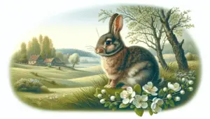 An illustration of a rabbit, typical of the species found in Poland. The rabbit has fluffy fur and long ears, perched on a patch of grass in a serene countryside setting. Spring flowers dot the landscape and a grove of trees can be seen in the distance. The image focuses primarily on the rabbit with no signs of people, text or brand names. The overall atmosphere is peaceful and tranquil.