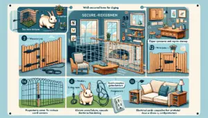 A visual guide featuring various household items and areas rabbit-proofed for a pet-friendly environment. On one side, show a well-secured garden with wire fencing, preventing rabbits from digging. In another area, illustrate wooden furniture with protective covers on the corners. Have an open living room with electrical cords concealed in cord protectors. The image can display different rooms such as a the living room, kitchen, and backyard. Include quick-connection gate latches for securing doors and stairs. The image should clearly depict a secure, rabbit-friendly home without any humans, text, brand names or logos.