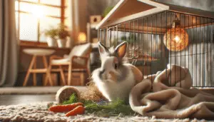 A peaceful, cozy scene indoor scene to reflect a bond between a pet and its owner. Although no people are present, evidence of human care is visible. Center stage is a vibrant and healthy-looking rabbit with soft, fluffy fur in its open cage which is filled with fresh hay and carrots. Close by is a soft blanket and grooming tools. There's a faint glow from a nearby lamp, casting a warm and inviting light on the scene. The environment exudes care, attention, and love, symbolizing the bond between a person and their pet rabbit.