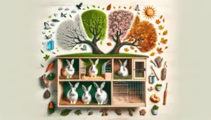 Create an image illustrating the concept of seasonal care for rabbits. Incorporate elements related to the different seasons like a tree transitioning from spring blossoms to autumn leaves, showing how rabbit care changes throughout the year. Add to this scene a rabbit hutch with accessories like water bottles, hay and grooming tools, suitable for each season. Make sure that the image doesn't include any people, text, brand names or logos.