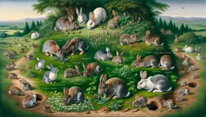 An image illustrating the history and origin of domesticated rabbits. The scene showcases several rabbits in their natural habitat, a grassy setting with patches of bush and burrows. Some are indulging in their herbivorous diet, nibbling on clover, while others are playfully hopping around the surrounding nature. A few tamed rabbits are seen at a different area, indicating division of wild and domestic realms. The image has a clear visual progression from wild to domesticated scenarios. There is an absence of human characters, text, brand names, and logos in the picture.