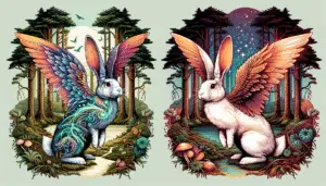 Design a detailed, intricate, and visually appealing image that encapsulates the concept of distinguishing myths and facts about rabbits, all without including any humans or text anywhere in the image. To convey this idea, imagine portraying a pair of rabbits situated in an enchanting forest. One rabbit should be of an exaggerated, mythical design—perhaps it has wings and can float in the air or perhaps it has gleaming, unusually colored fur. The other rabbit should follow a classical, scientifically accurate representation. This way, the viewer is presented with a clear contrast, thus successfully separating the myth from the reality.