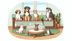 Illustrate a calm indoor scene where different pets like dogs, cats, parakeets are listening attentively to a rabbit on a cushioned stool, all portraying an introduction scenario. The pets are watching the rabbit with curiosity while maintaining safe distance. The rabbit is calmly sitting, suggesting it's used to the situation. For pets, you can consider generic dogs and cats of different breeds. Remember to not have people, text or brand logos in the image.