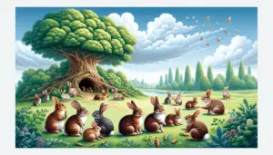 A beautiful illustration of a community of rabbits interacting with each other in a picturesque meadow, under a clear blue sky. In the scene, rabbits of various sizes and colors are seen socializing - some are playfully chasing each other, others are quietly sitting together, while few are seen sharing carrots. In the backdrop, a large burrow under the lush green tree suggests their communal living quarters. The careful attention to details such as their expressive eyes, body gestures, and mutual interactions beautifully shows the importance of social interactions in their lives.