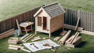 An unfinished wooden rabbit hutch standing in a grassy backyard, with various DIY tools such as a hammer, a saw, and a pile of wooden planks nearby. The structure has a rectangular shape with a sloping roof, a small front door, and wire mesh windows. A worktable covered with blueprints and ruler is placed on the side. No brand names, logos or human figures are present in the depiction.