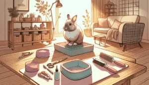 An illustration showing a hands-free grooming session with a pet rabbit. The scene unfolds in an indoors setting, possibly a living room with typical pet-friendly furniture. In the center, a fluffy rabbit is calmly sitting on a table with grooming tools carefully arranged around it – a scatter-free litter box, a soft grooming brush, and nail clippers. Diffused, warm daylight pours in from a nearby window, casting a gentle glow on the scene.