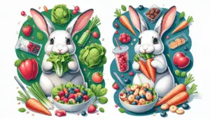 Illustrate an image that focuses on the central theme of 'The Impact of Diet on Rabbit Health'. Envision a healthy-looking rabbit joyfully munching on various nutritious foods such as a leafy green lettuce, a bright orange carrot, and a cluster of fresh berries. Next to it, depict another rabbit looking less lively and surrounded by unhealthy foods like processed snacks. Make sure to incorporate elements that can intuitively indicate the health conditions of the rabbits, without using any text, people, brand names or logos.