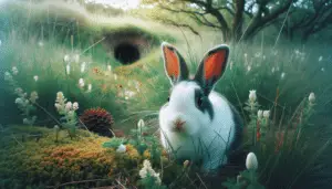 Illustrate an image of a Dutch rabbit in a natural habitat without any humans, brand names, logos, or texts present. The scene could be a peaceful meadow with lush green grass, scatterings of wild flowers and a burrow entrance within the vicinity. The Dutch rabbit, possessing its distinctive coloration – white body with a dark face, ears, and part of the back – is nibbling on the grass contentedly. The overall atmosphere of the image should convey tranquility and innocence.